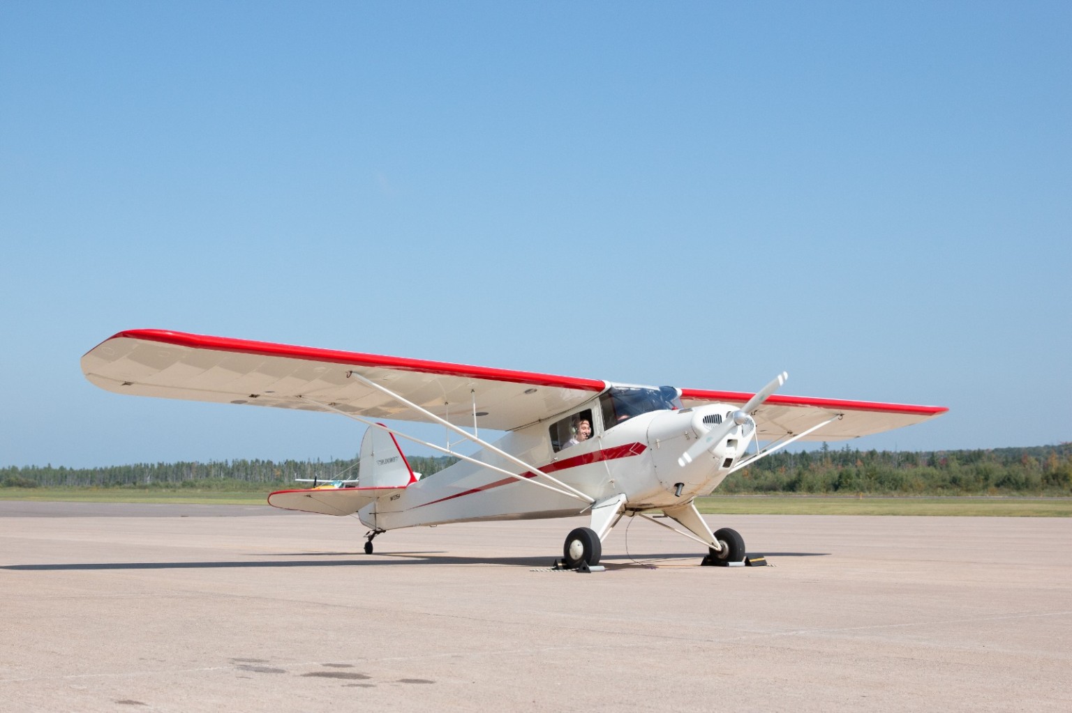 A white and red classic Taylorcraft tailwheel airplane on the ramp